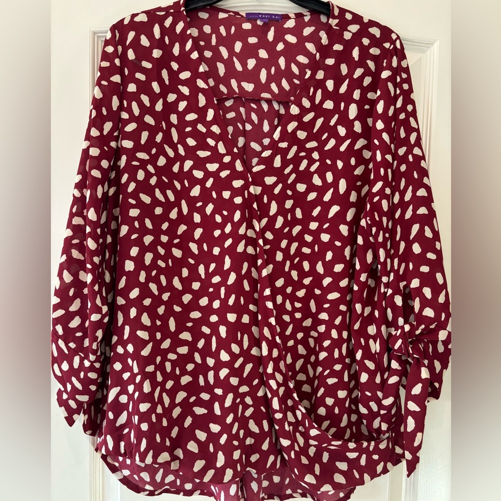 West Kei Burgundy and White Printed Wrap-Front Blouse